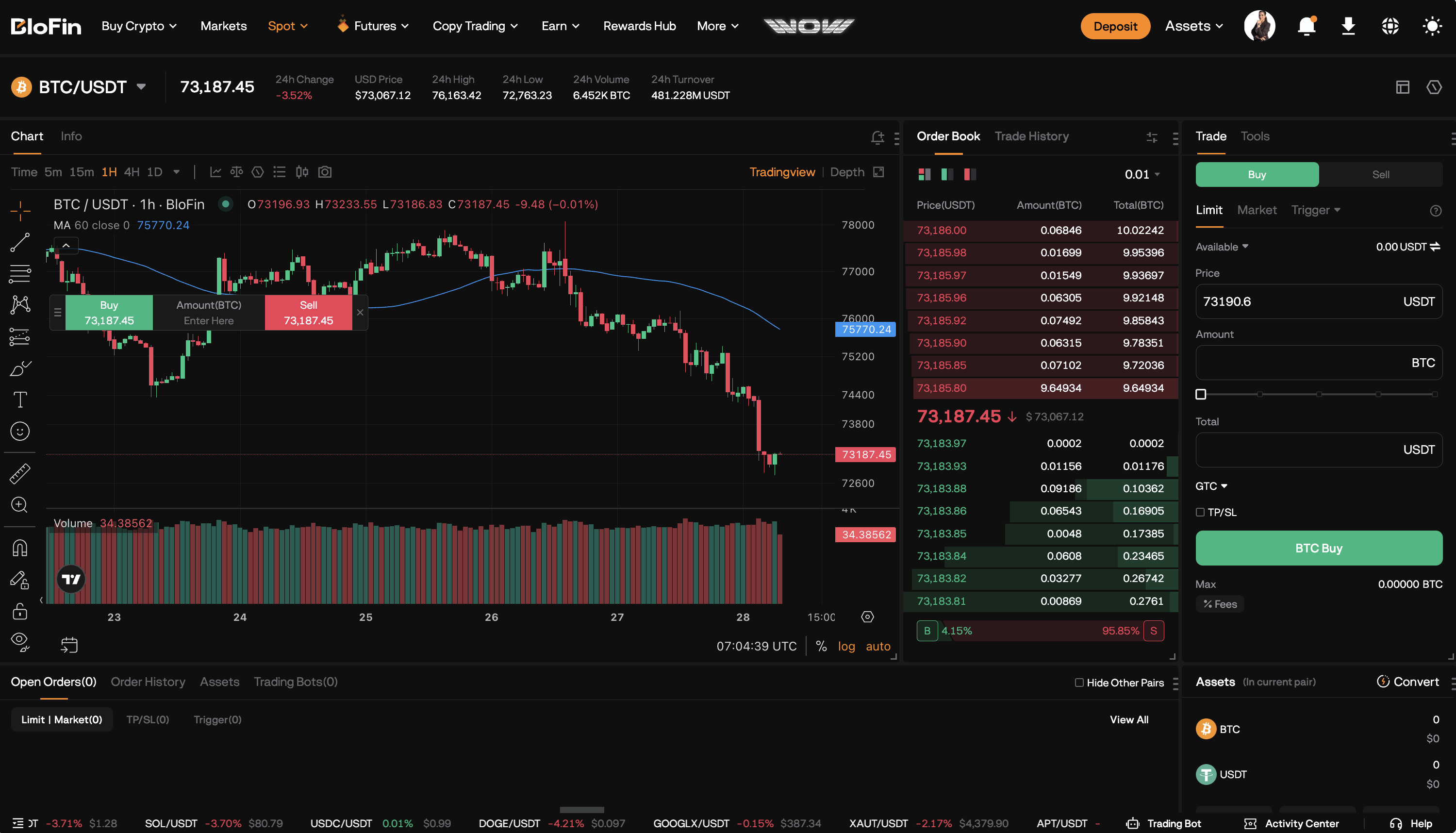 Торговый дашборд BloFin — график фьючерсов, стакан, контролы позиции