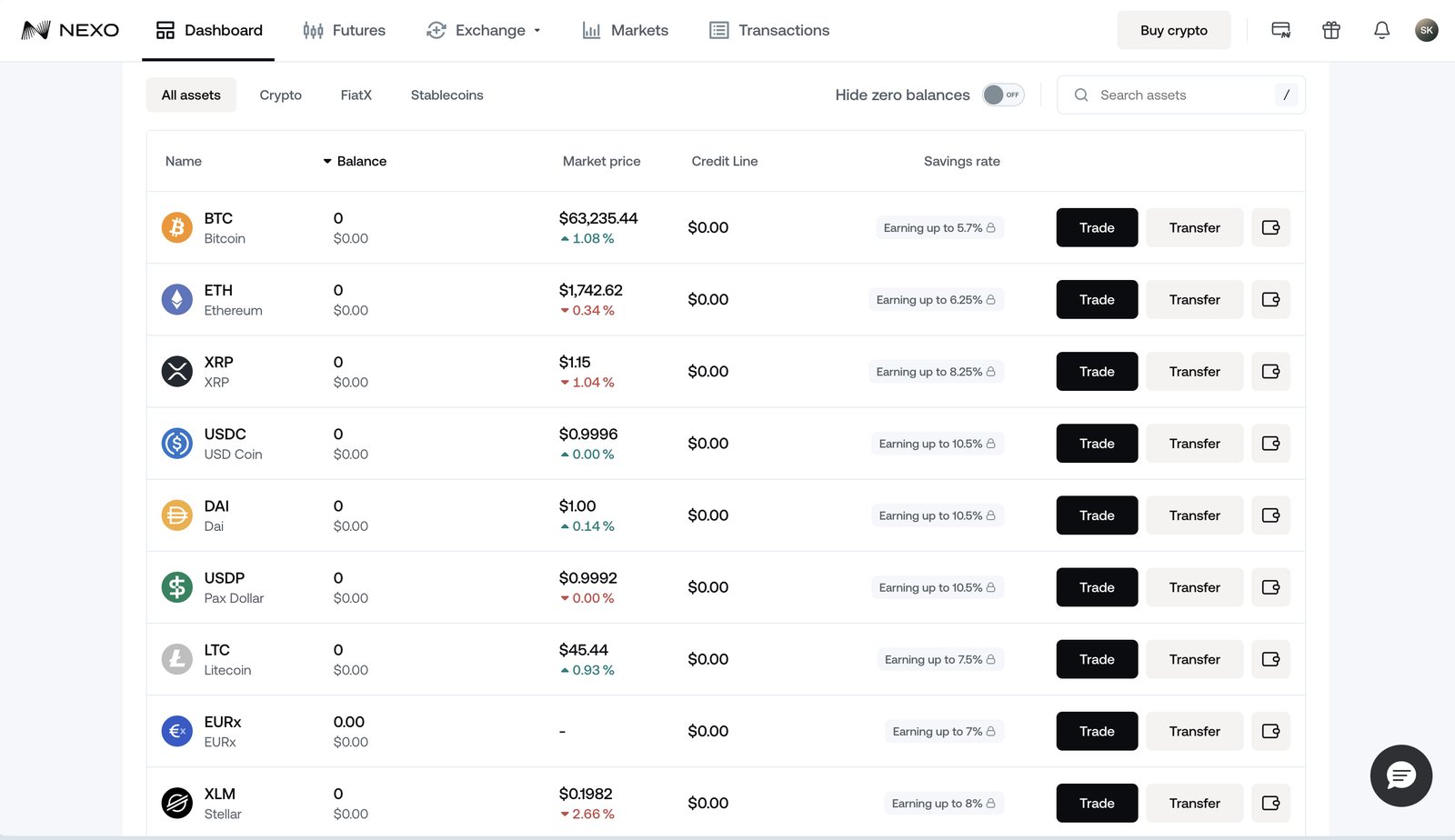 Nexo asset list with live Earn rates β BTC, ETH, stablecoins available as collateral