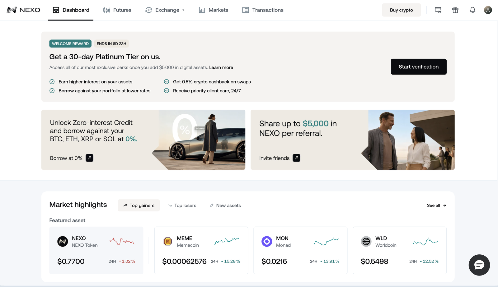 Nexo dashboard after onboarding β 30-day top-tier welcome banner, Zero-interest Credit promo and market overview