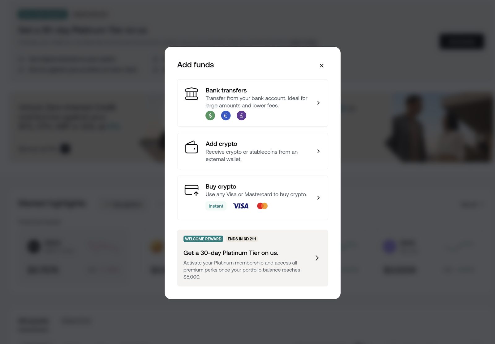 Nexo Add funds options β bank transfer, crypto deposit or card purchase, with the 30-day top-tier reward banner