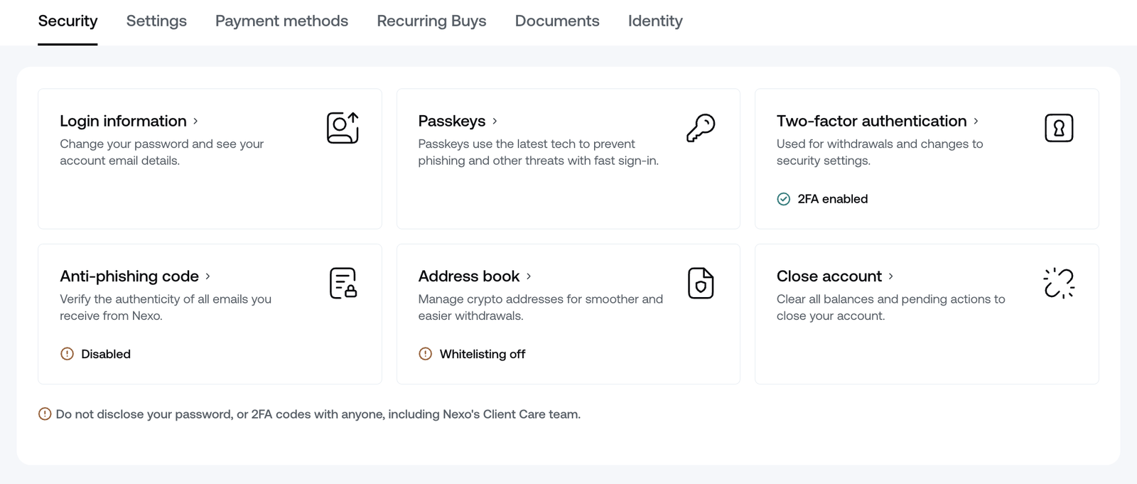Nexo security settings β 2FA, anti-phishing code, address book whitelisting and passkeys