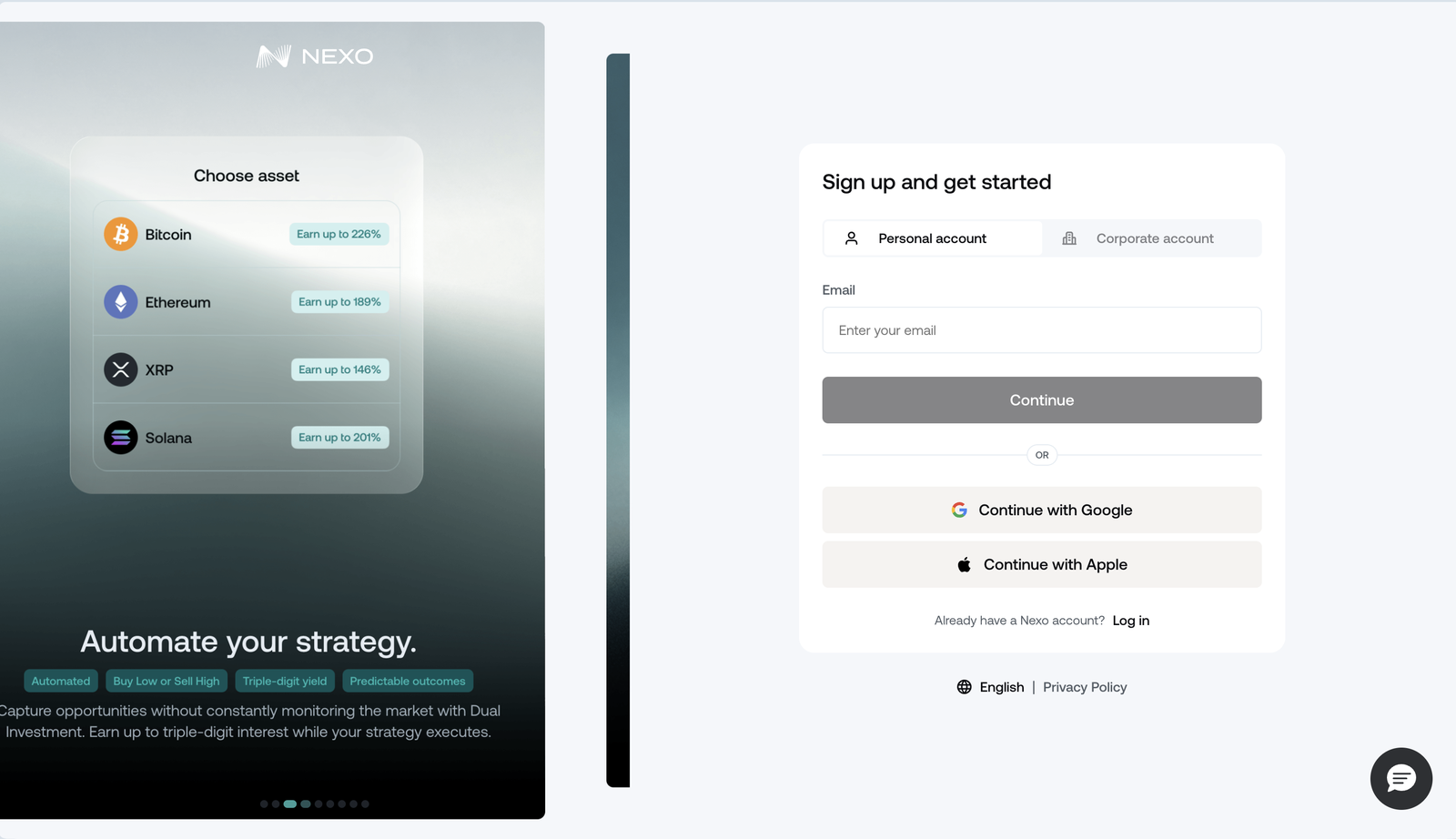 Nexo registration screen β email signup with Google and Apple options
