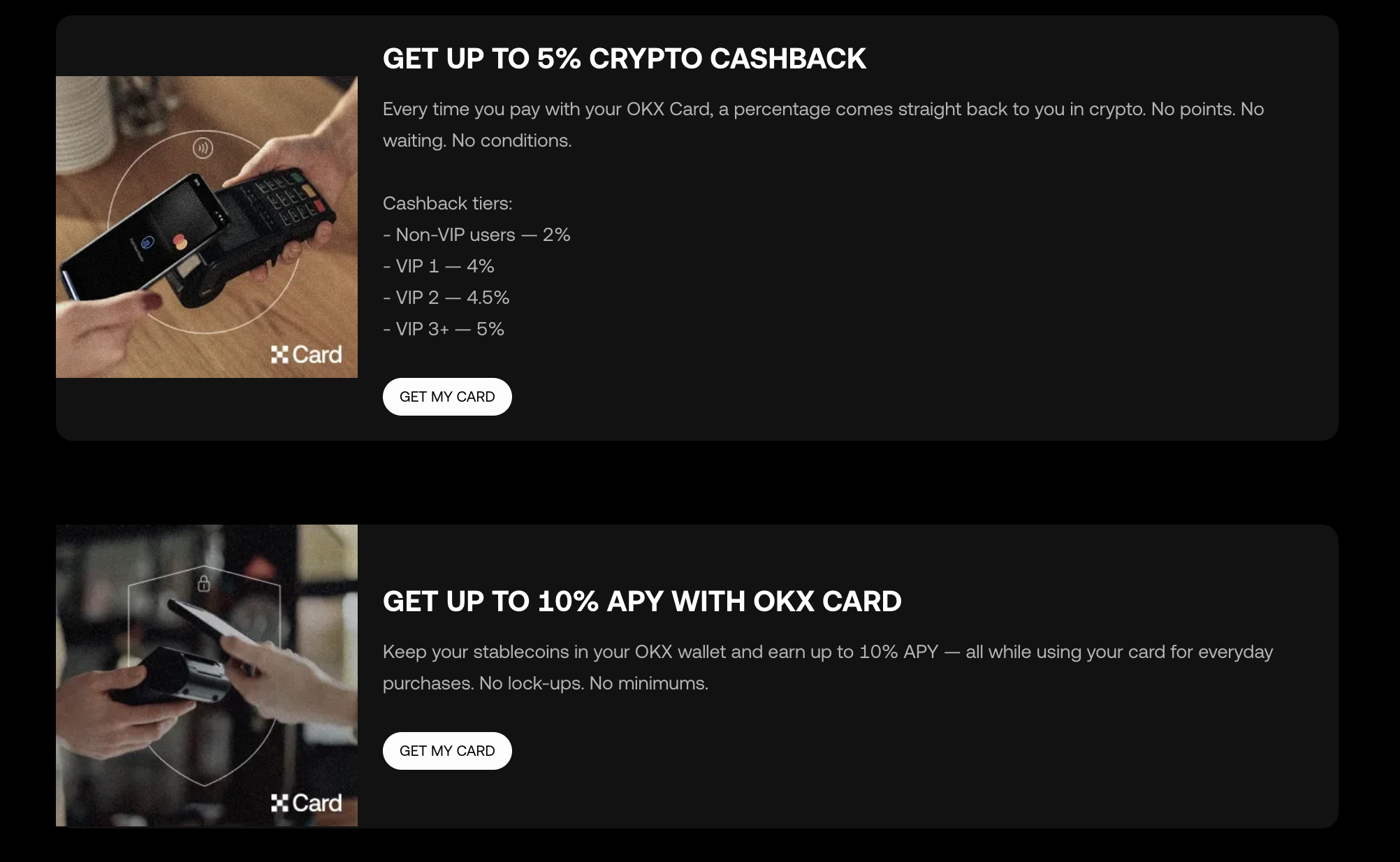 Кэшбэк OKX Card до 5% — Non-VIP 2%, VIP 1 4%, VIP 2 4.5%, VIP 3+ 5%, instant payouts, no staking required. APY до 10% на OKX Card balance.