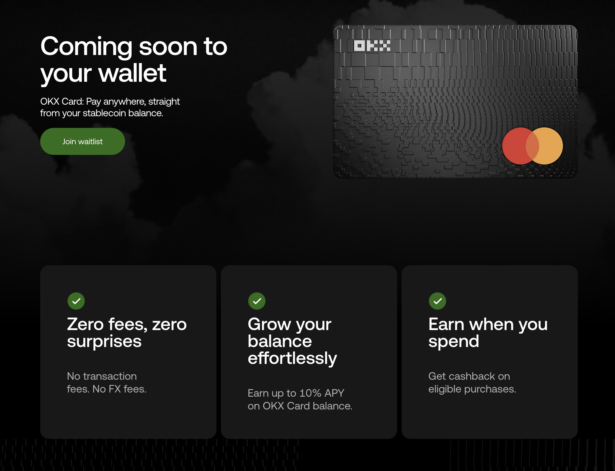 Coming Soon to your wallet — OKX Card landing, физическая Mastercard, Join Waitlist CTA, Zero fees / 10% APY / Cashback