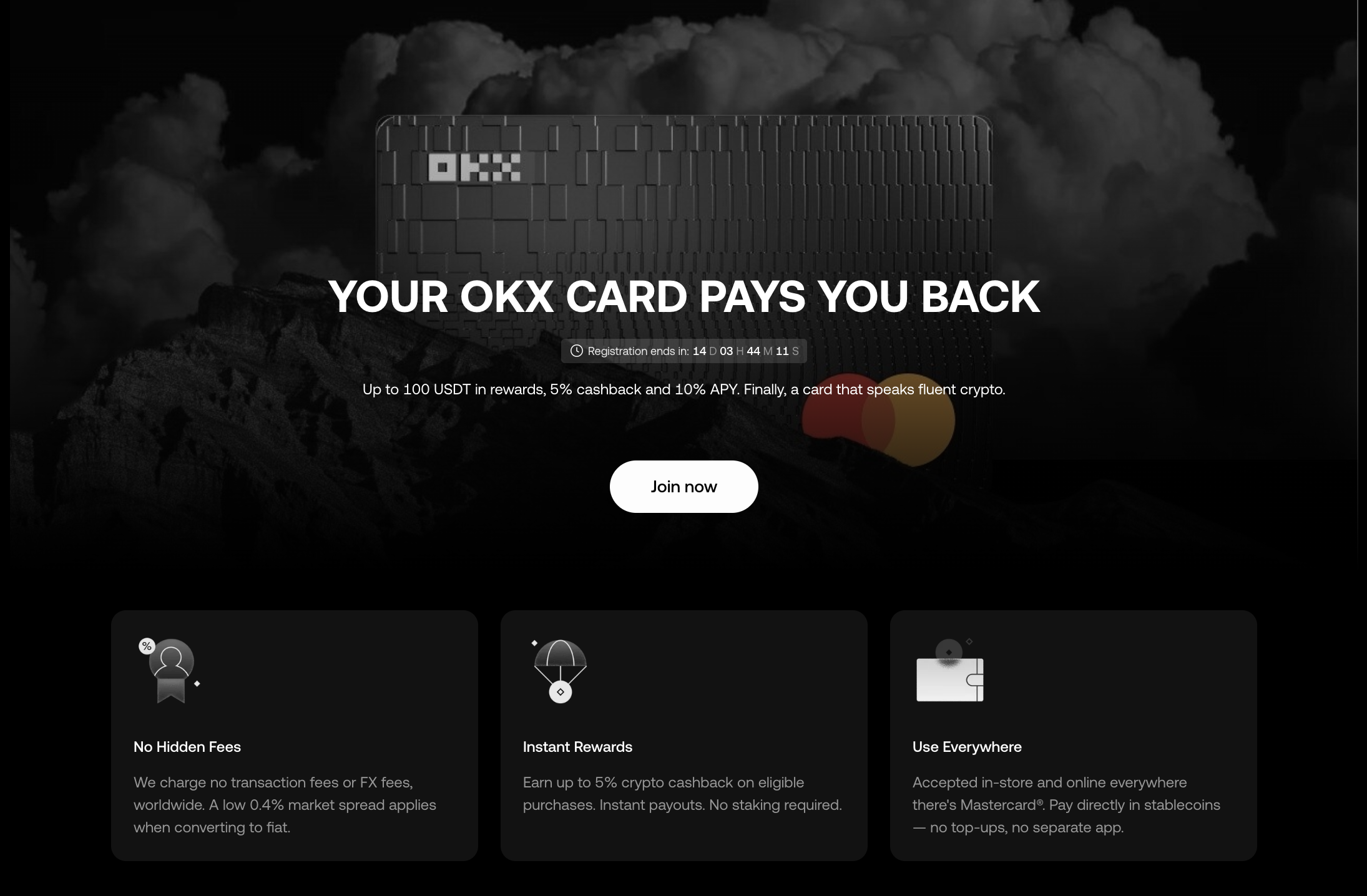Промо-страница OKX Card — Your OKX Card Pays You Back, до 100 USDT rewards, 5% cashback, 10% APY, регистрация в течение 14 дней